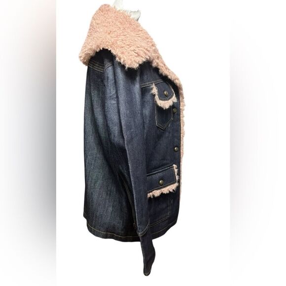 Women's Denim Jacket with Pink Faux Fur Trim - Picture 5 of 8